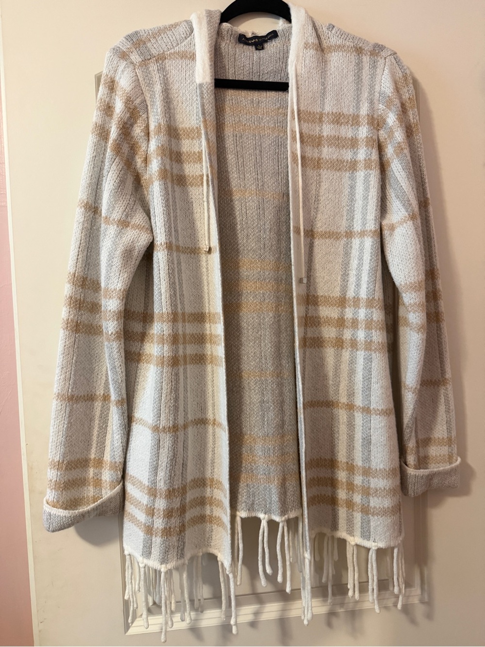 Adrienne Vittadini Cream and Beige Plaid Hooded Fringe Cardigan